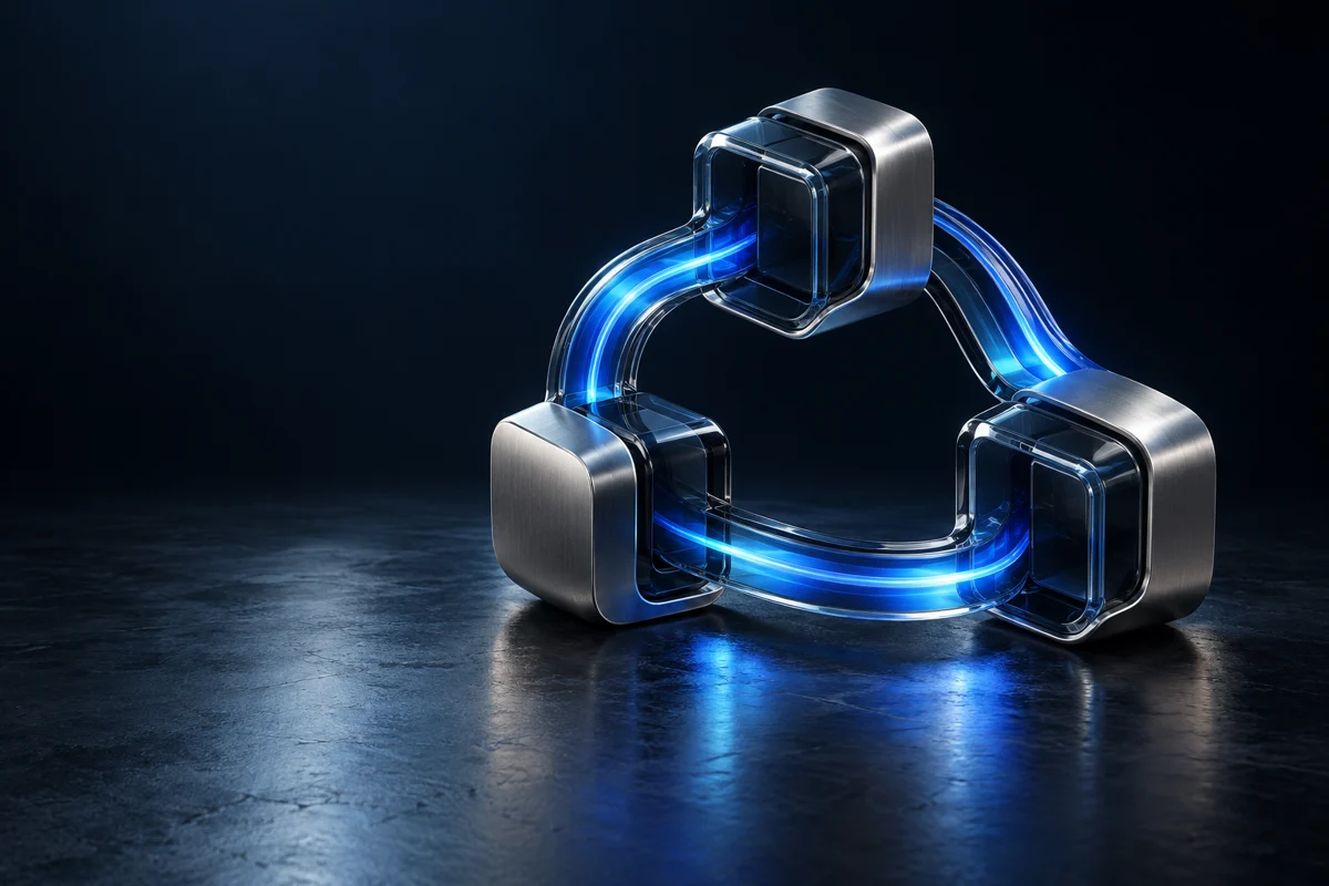 Ilustración conceptual de estructuras metálicas conectadas por luz azul